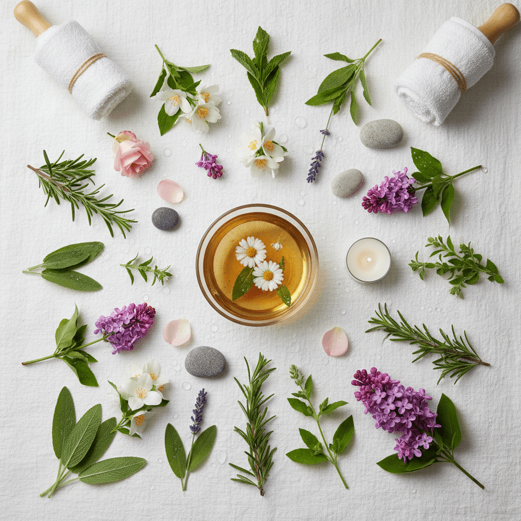 natural botanical ingredients fresh herbs flowers laid out on white surface with spa atmosphere