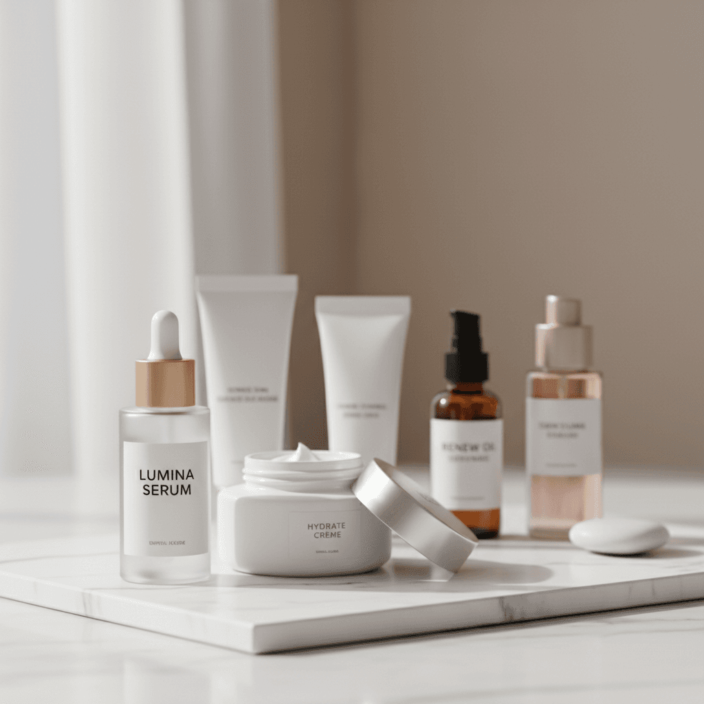 Premium skincare products displayed on marble with warm natural lighting