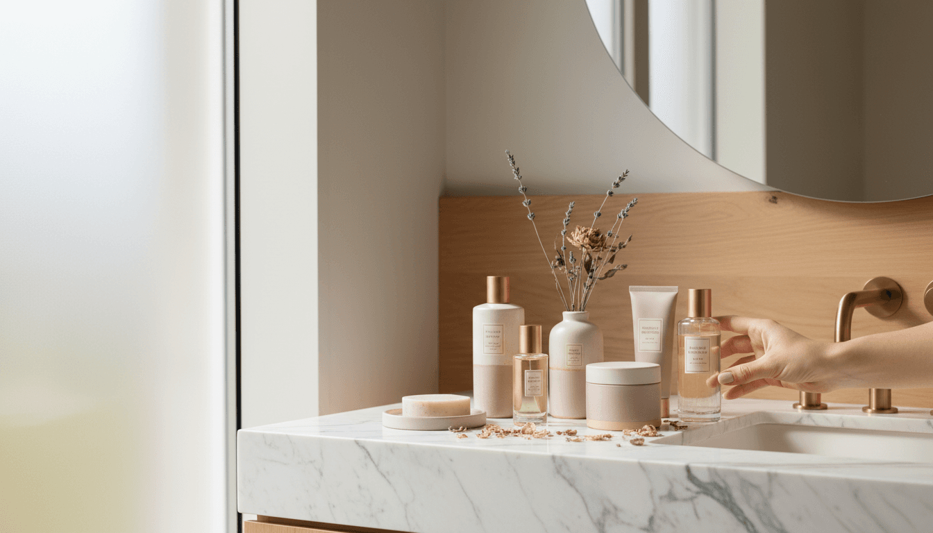 Premium skincare products including body wash, sunscreen, lotion, and facial serum displayed beautifully
