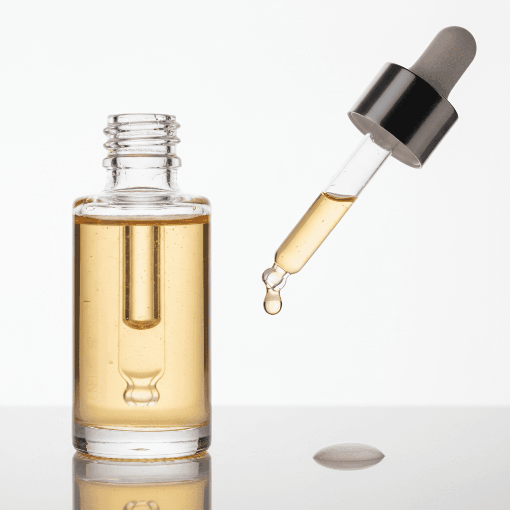 Close-up of glass dropper bottle releasing amber collagen serum against clean white background with soft lighting