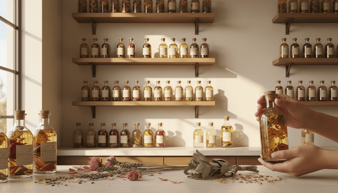 Luxurious personal care collection including body wash, sunscreen, lotion, and facial serum displayed with natural botanical elements