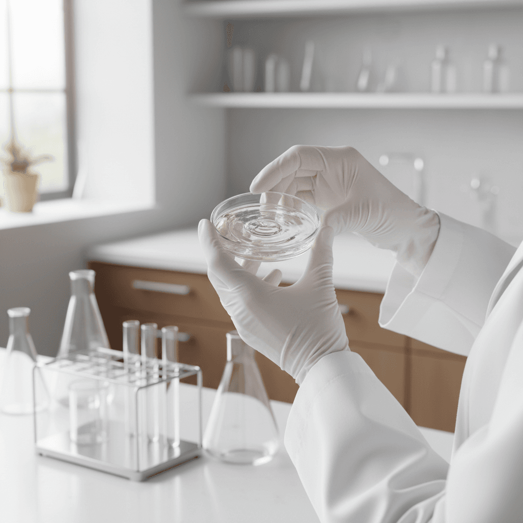 Formulation specialist examining natural botanical extracts for skincare development