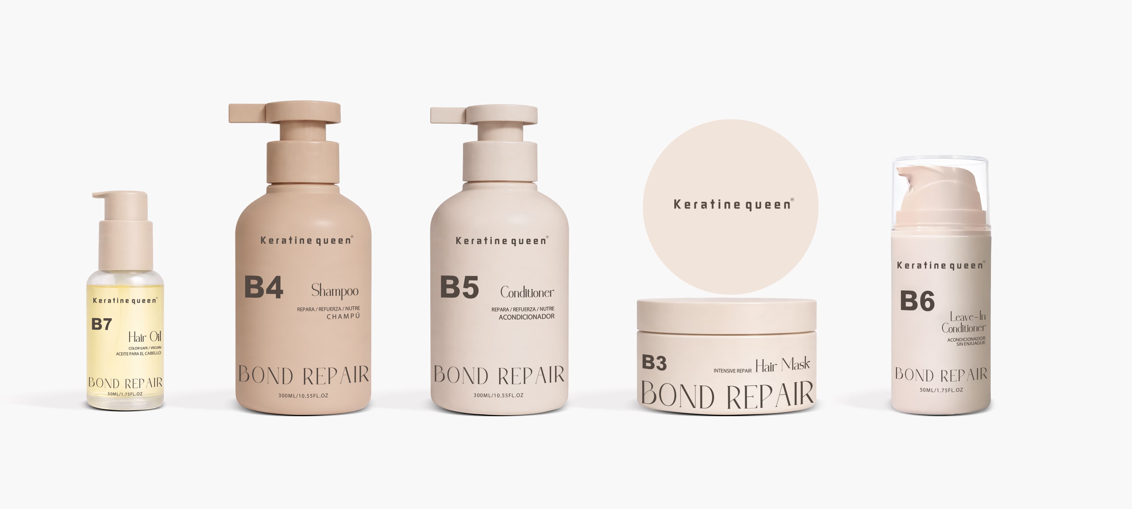 Keratine queen Bond Repair set featuring shampoo, conditioner, hair mask, oil, and leave-in conditioner.