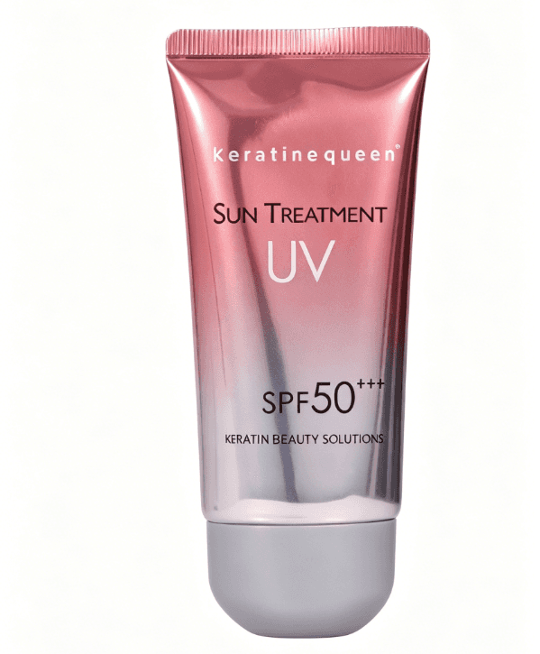 Metallic rose gold and silver tube of Keratinequeen Sun Treatment UV SPF 50+++ sunscreen.