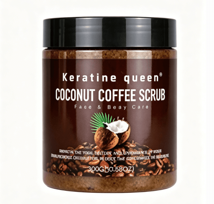 Keratine Queen Coconut Coffee Scrub jar featuring a split coconut and roasted coffee beans.