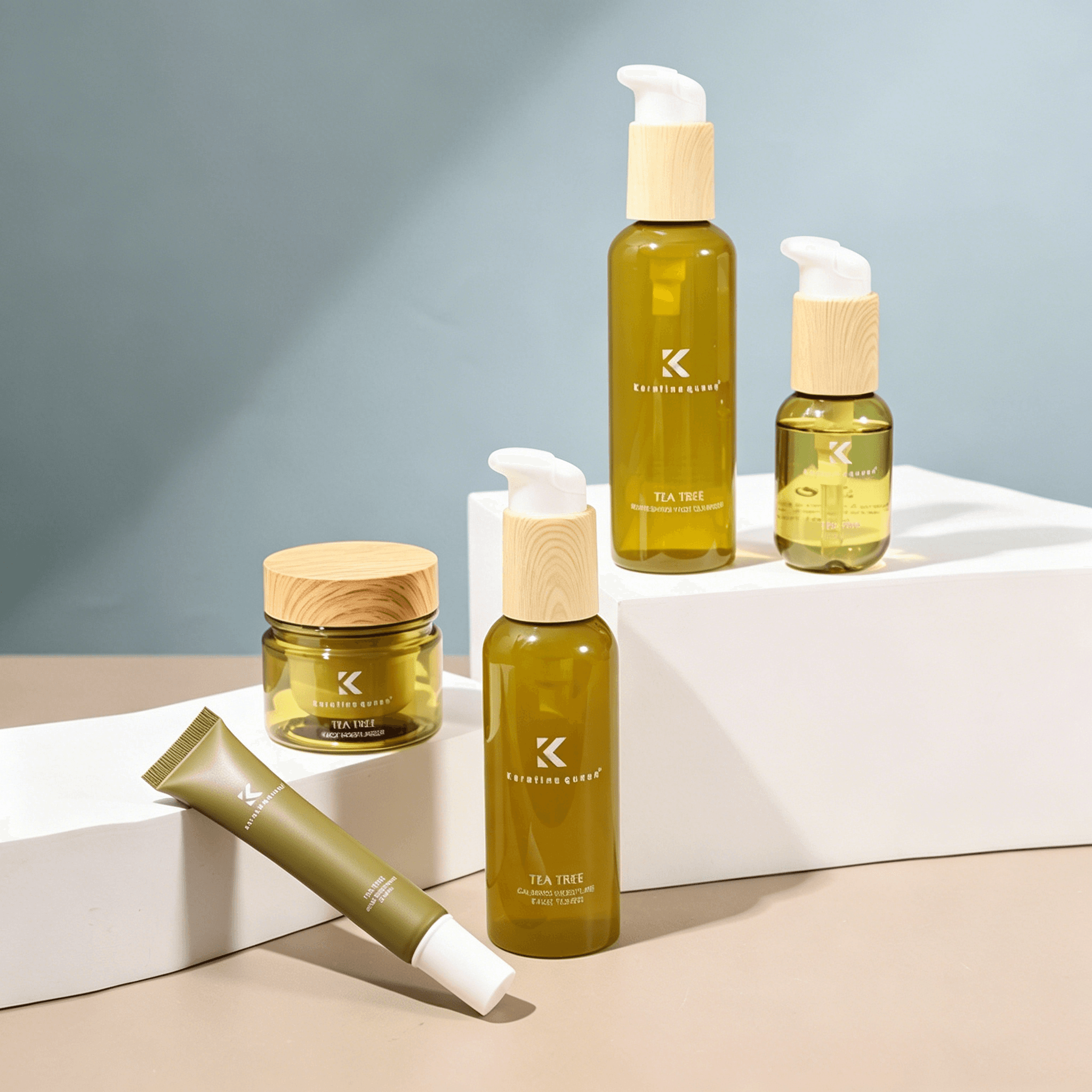 Olive green tea tree skincare set with wooden caps displayed on white geometric blocks.