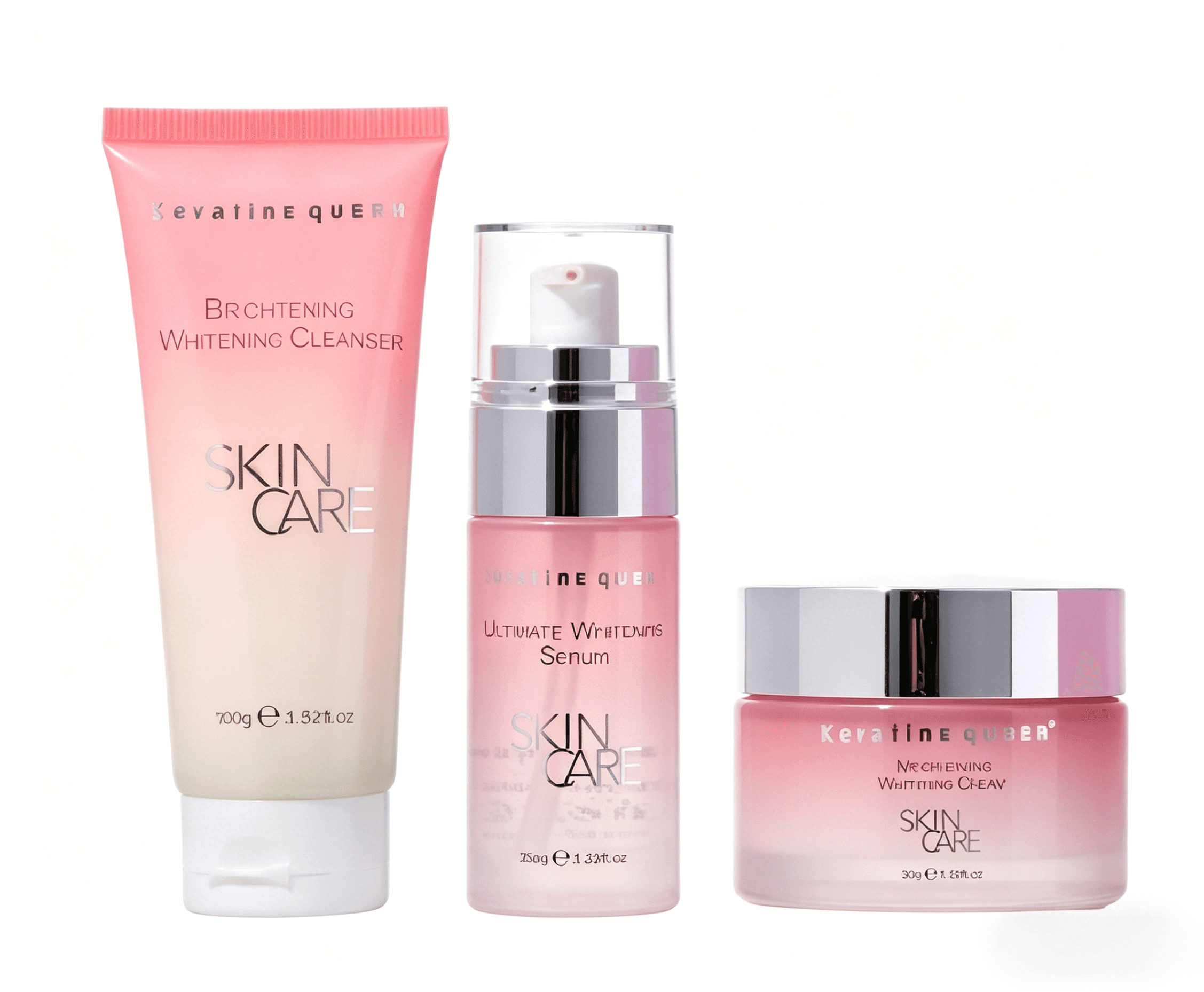 Three pink and white gradient skincare products: cleanser tube, serum pump, and cream jar.