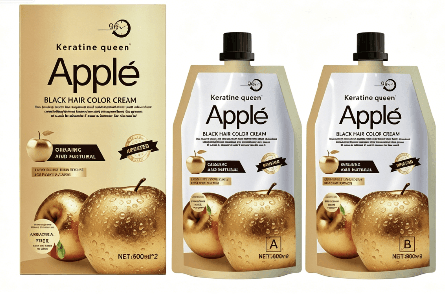 Keratine queen Apple Black Hair Color Cream box and two pouches featuring golden apples.