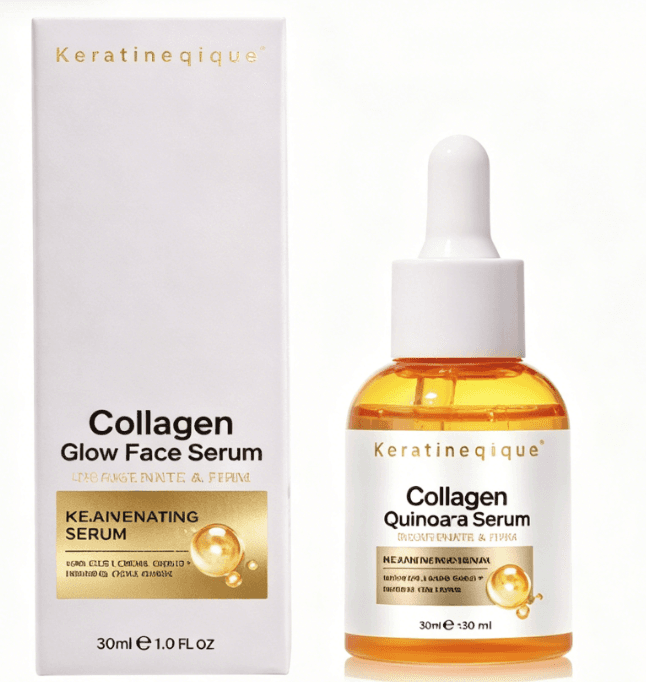 White box and glass dropper bottle containing golden Keratineqique Collagen Glow Face Serum.