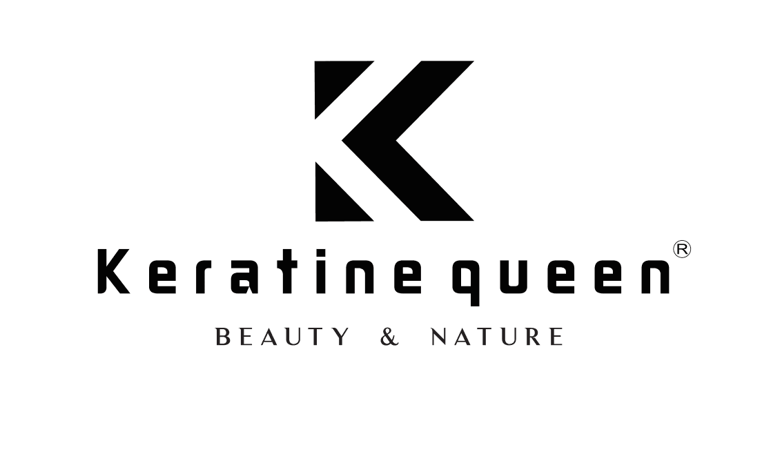 Stylized black K logo above Keratine queen and Beauty & Nature text on white.